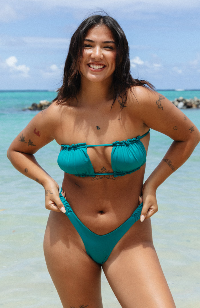 TAHITI MANA Foliage Sliding Ruffle Bandeau Bikini Top – San Lorenzo Bikinis