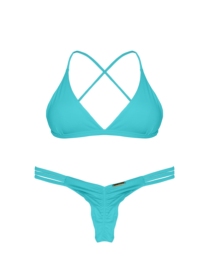 Essential Solids Oceanic Turquoise Ruched Hipster Strap Bikini Bottom