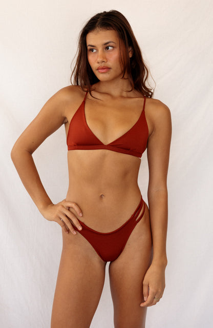 Essential Solids Cocoa Bean Ruched Hipster Strap Bikini Bottom